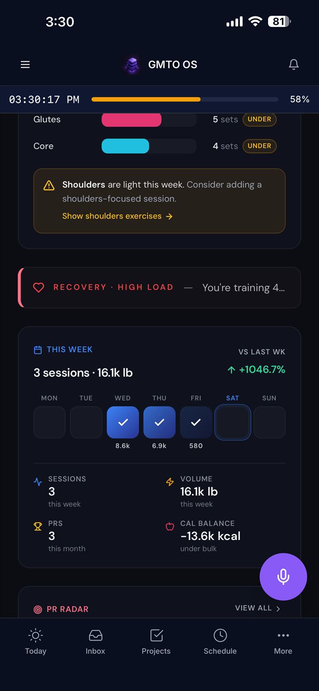 GMTO OS Fitness — sessions, volume, PRs, and recovery tracking