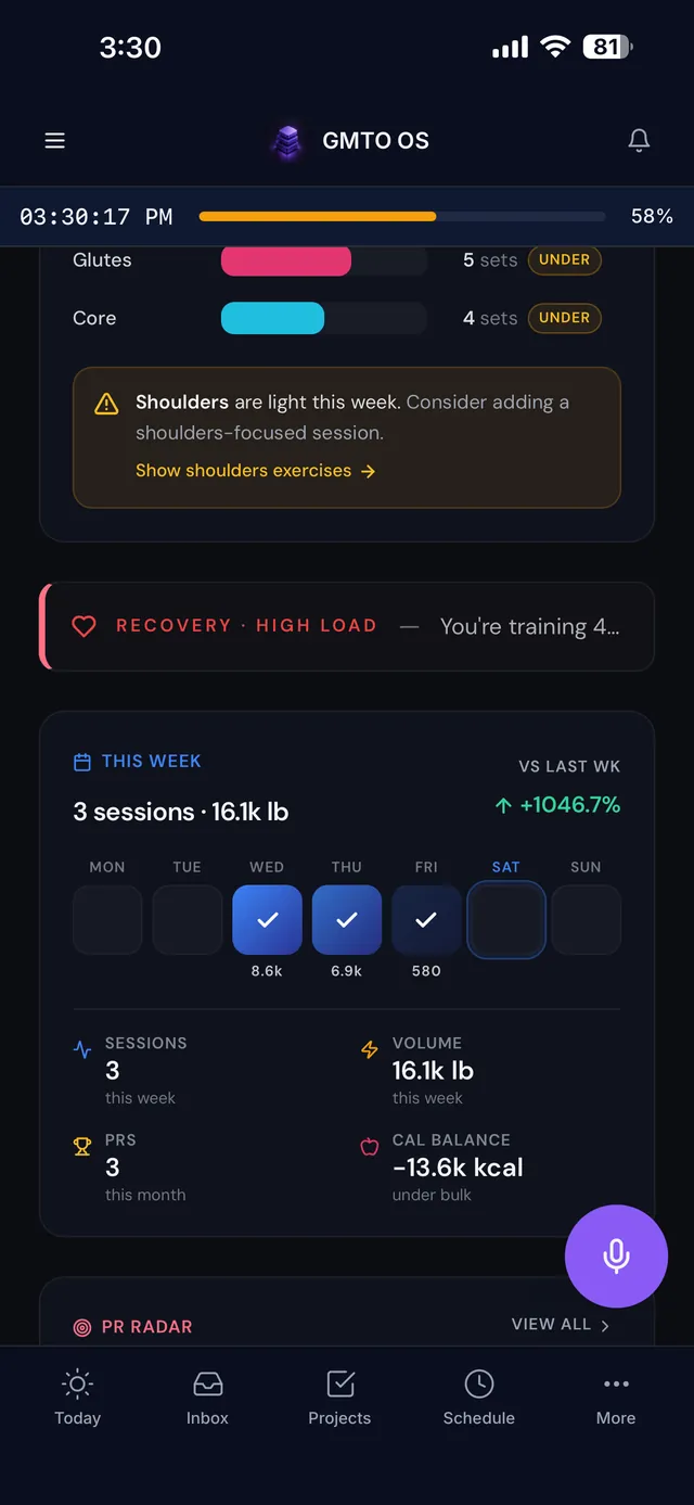 Fitness — sessions, volume, PRs, and recovery tracking