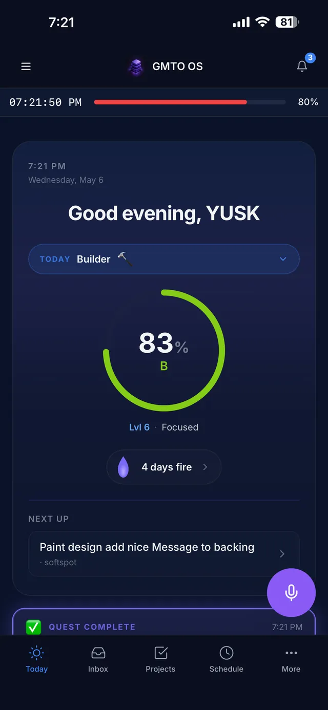 Today view — daily score ring, level, streak, and next task